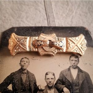 Antique bar pin Victorian gold tone Etruscan brooch 1800s floral black enamel